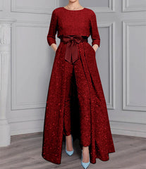 2 Piece Long Sleeve Mother of the Bride Pantsuit with Sash and Sequins