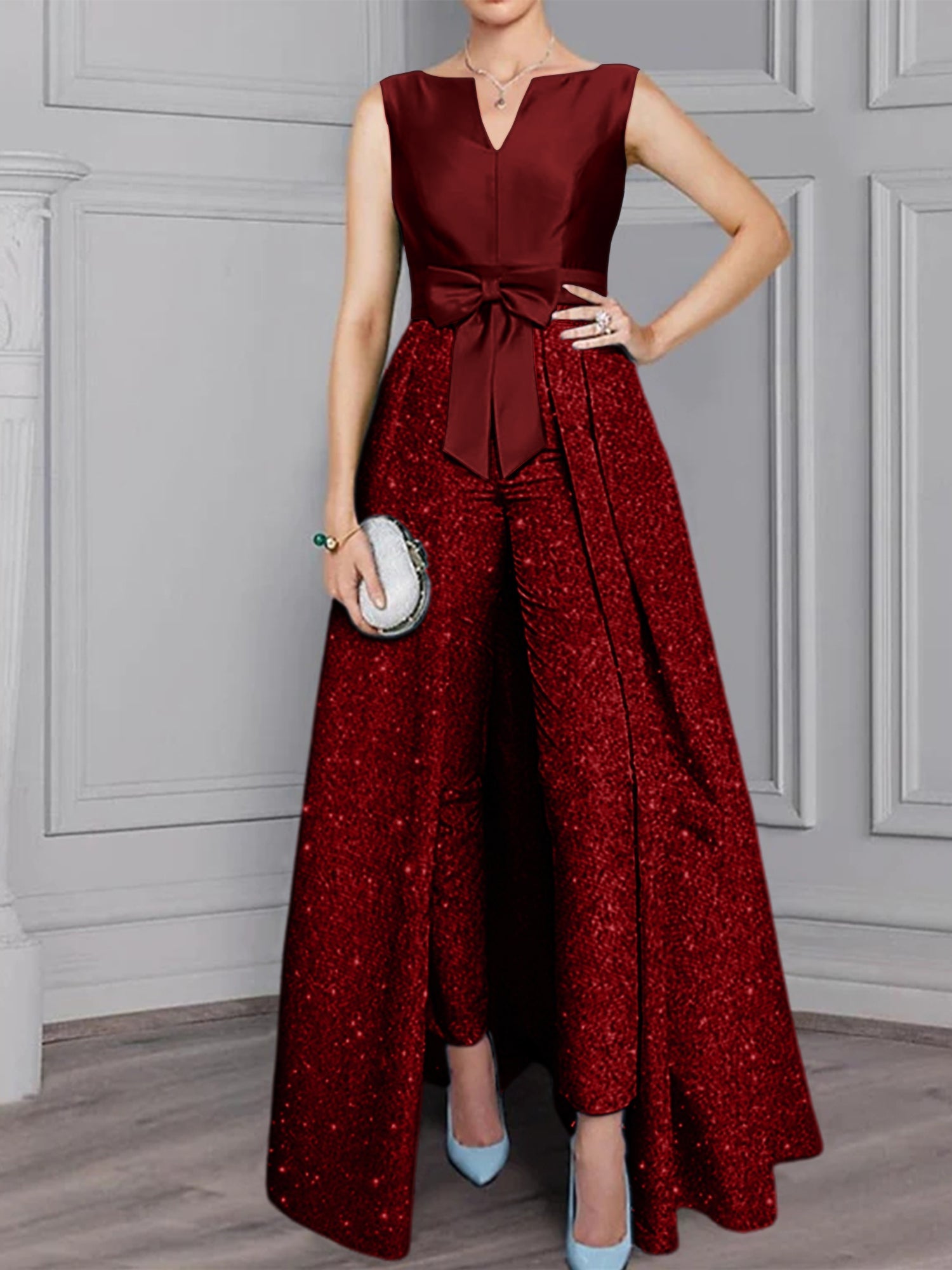 2 Piece Long Sleeve Mother of the Bride Pantsuit with Sash and Sequins