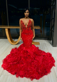 Red V-Neck Strapless Mermaid Beadings Prom Dress with Ruffles