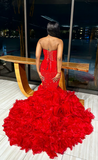 Red V-Neck Strapless Mermaid Beadings Prom Dress with Ruffles