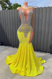 Suzhoufashion Round neck Silver Beaded Mermaid Yellow Sequin Prom Party Dresses