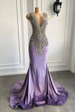 Lilac Mermaid Prom Dress with Scoop Neckline Sleeveless and Crystal Beadings