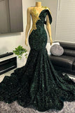 Suzhoufashion One shoudler Dark Green Sequin Floor length Prom Party Dresses