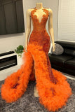 Suzhoufashion V-neck Orange Beaded Tulle Ruffles Sequin Prom Party Dresses