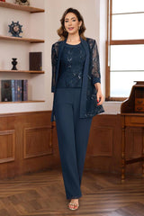 3 Piece Long Chiffon Pantsuits with Sequins for the Mother of the Bride
