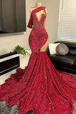 Suzhoufashion One shoulder Burgundy Sequin Prom Party Dresses with cutout