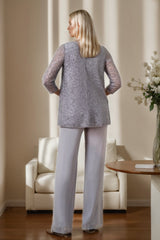 3/4 Sleeve V Neck Chiffon Mother of the Bride Pantsuit with Sequins