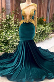 Suzhoufashion Dark Green Velvet One shoulder Mermaid Prom Party Dresses with Gold Appliques