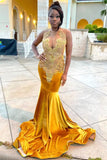 Suzhoufashion V-neck Gold Velvet Sleeveless Mermaid Long Court Train Prom Party Dresses