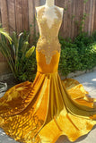 Suzhoufashion V-neck Gold Velvet Sleeveless Mermaid Long Court Train Prom Party Dresses