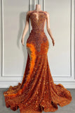 Suzhoufashion Mermaid Style Burnt Orange Sequins Formal Dresses with Side Slit Long Length Beadings and Feathers