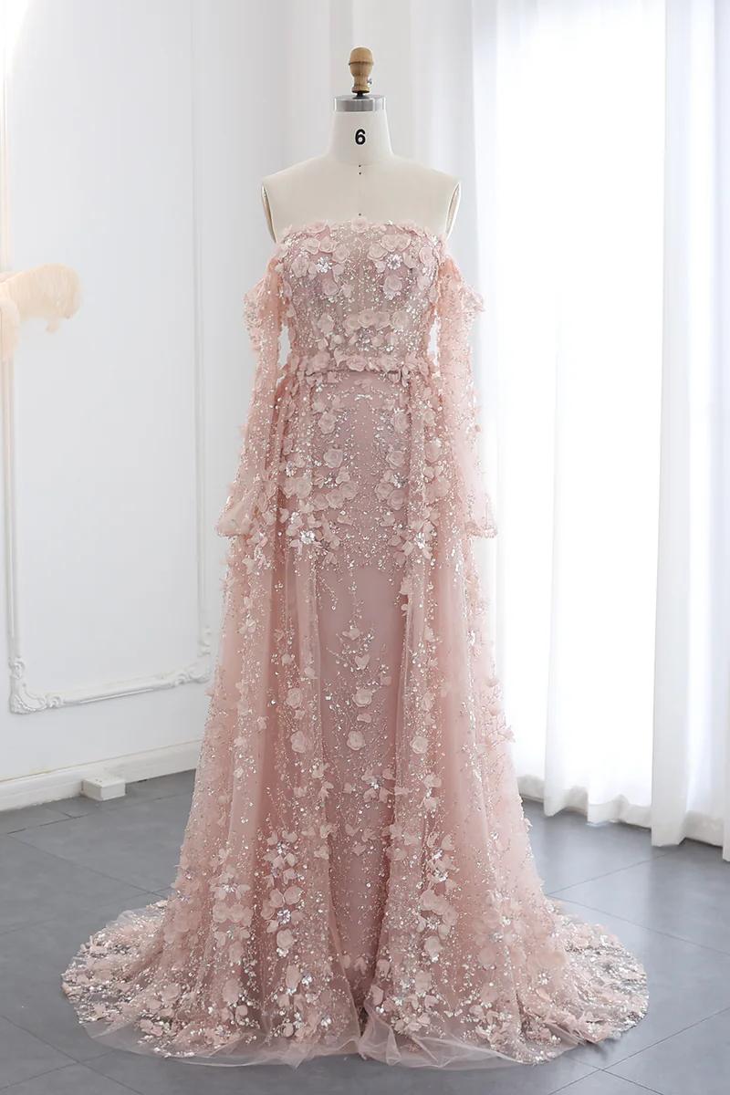 3D Flowers Pink Prom Dress Off The Shoulder Formal Dress With Panel Train