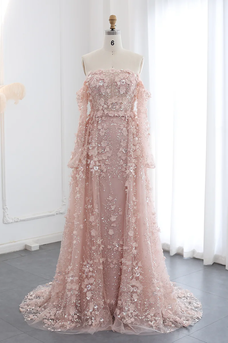 3D Flowers Pink Prom Dress Off The Shoulder Formal Dress With Panel Train