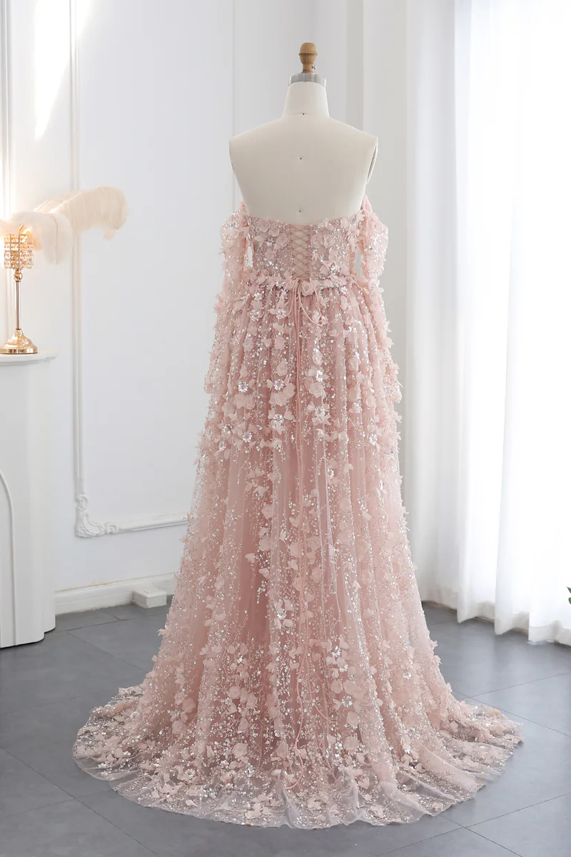 3D Flowers Pink Prom Dress Off The Shoulder Formal Dress With Panel Train
