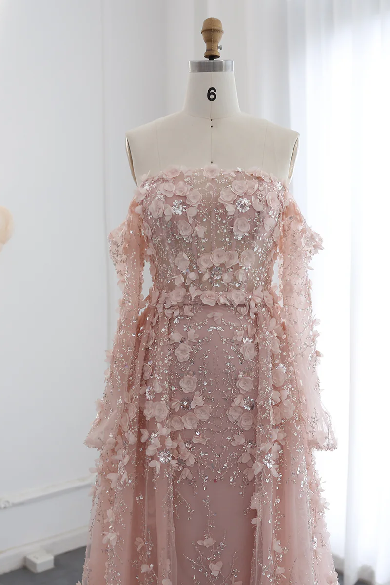 3D Flowers Pink Prom Dress Off The Shoulder Formal Dress With Panel Train