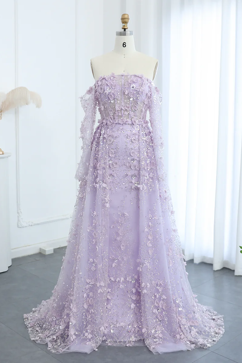 3D Flowers Pink Prom Dress Off The Shoulder Formal Dress With Panel Train