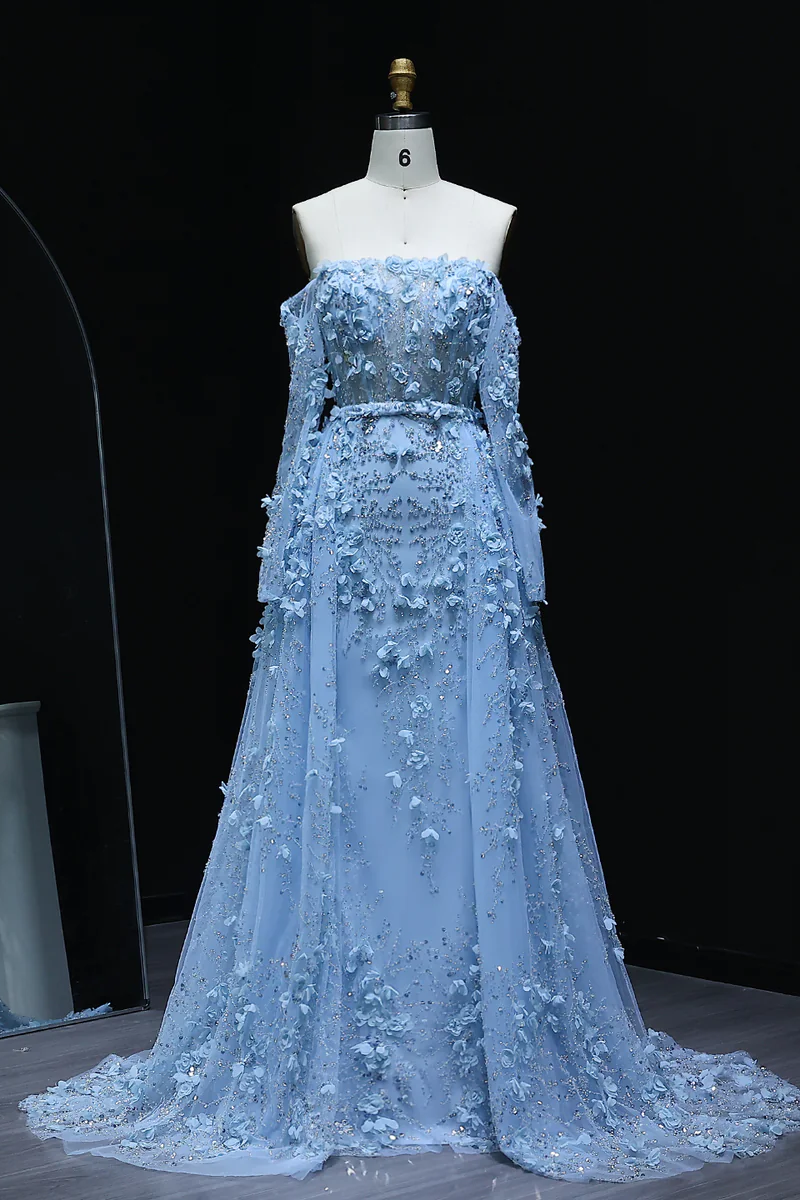 3D Flowers Pink Prom Dress Off The Shoulder Formal Dress With Panel Train