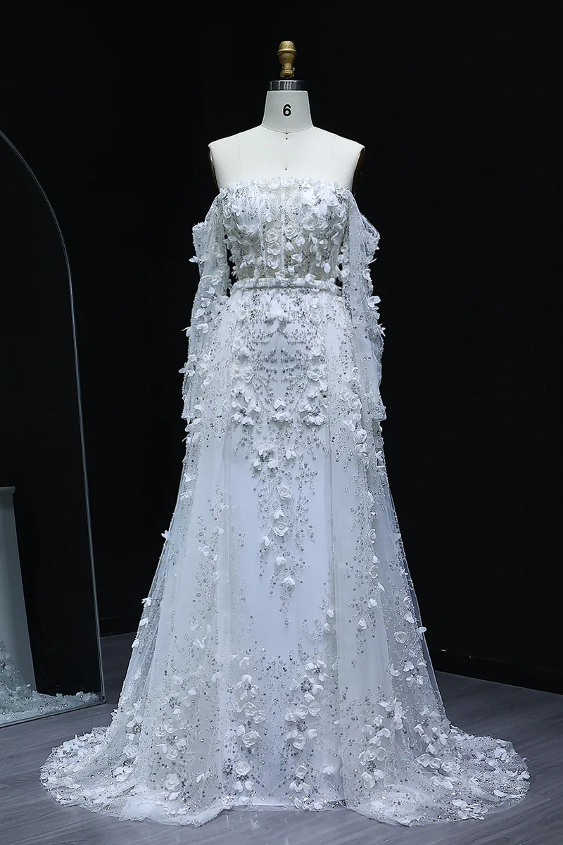 3D Flowers Pink Prom Dress Off The Shoulder Formal Dress With Panel Train