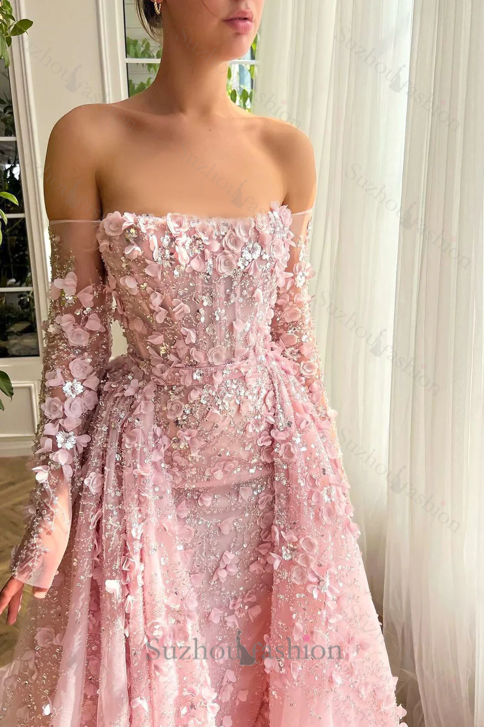 3D Flowers Pink Prom Dress Off The Shoulder Formal Dress With Panel Train