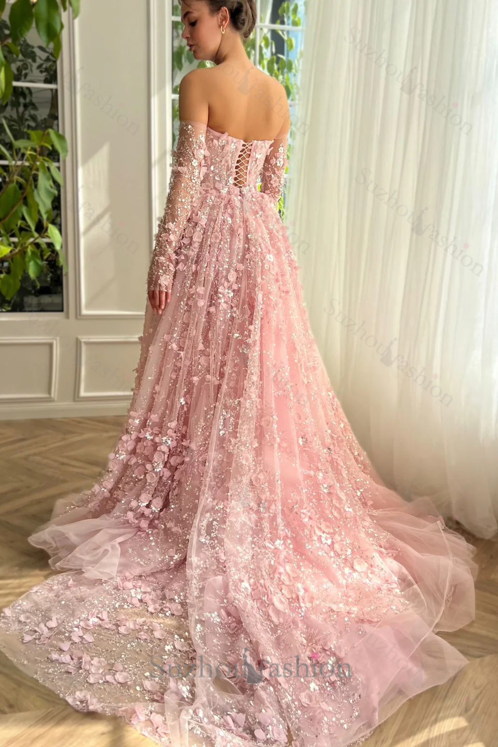 3D Flowers Pink Prom Dress Off The Shoulder Formal Dress With Panel Train