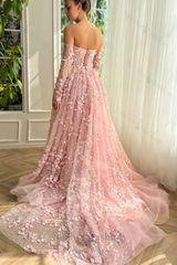 3D Flowers Pink Prom Dress Off The Shoulder Formal Dress With Panel Train