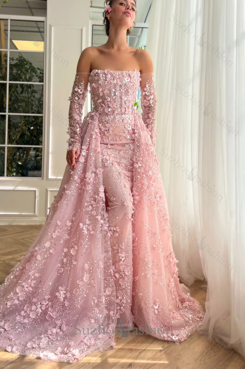 3D Flowers Pink Prom Dress Off The Shoulder Formal Dress With Panel Train