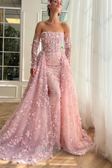 3D Flowers Pink Prom Dress Off The Shoulder Formal Dress With Panel Train