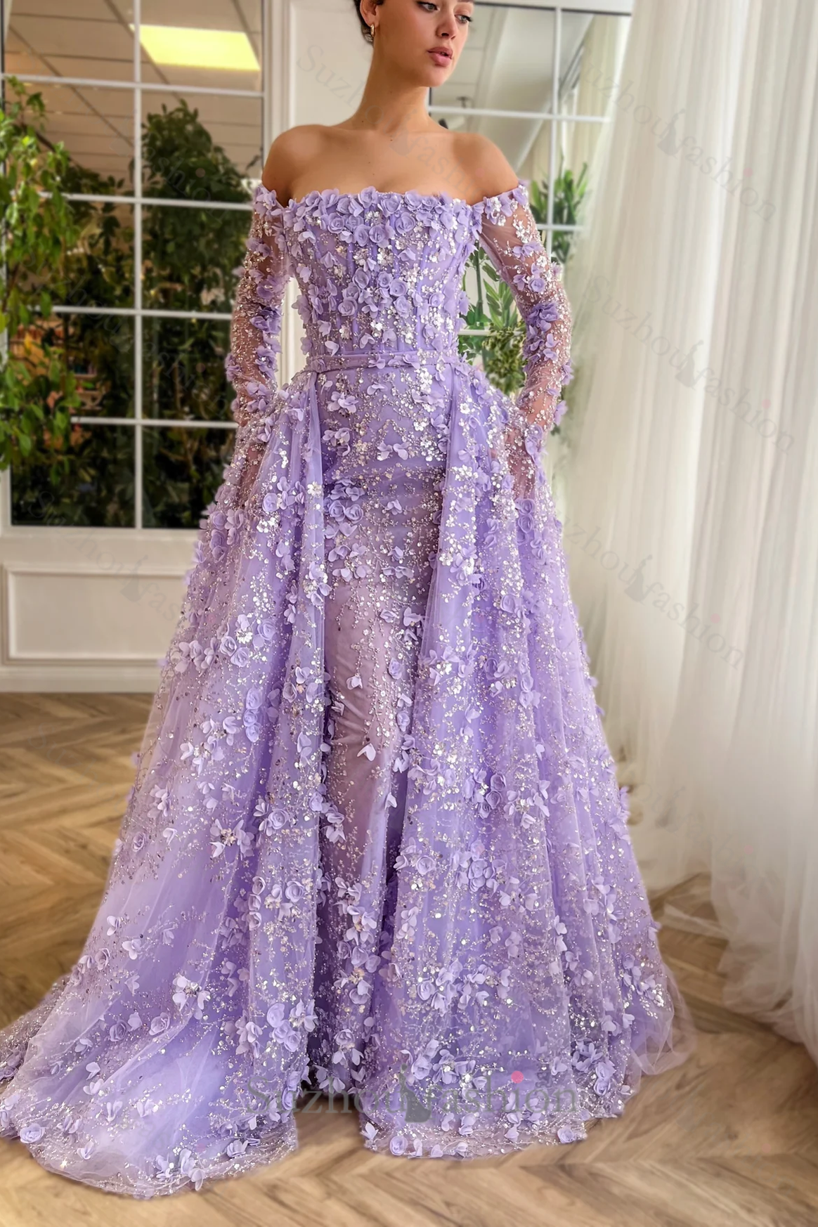 3D Flowers Pink Prom Dress Off The Shoulder Formal Dress With Panel Train