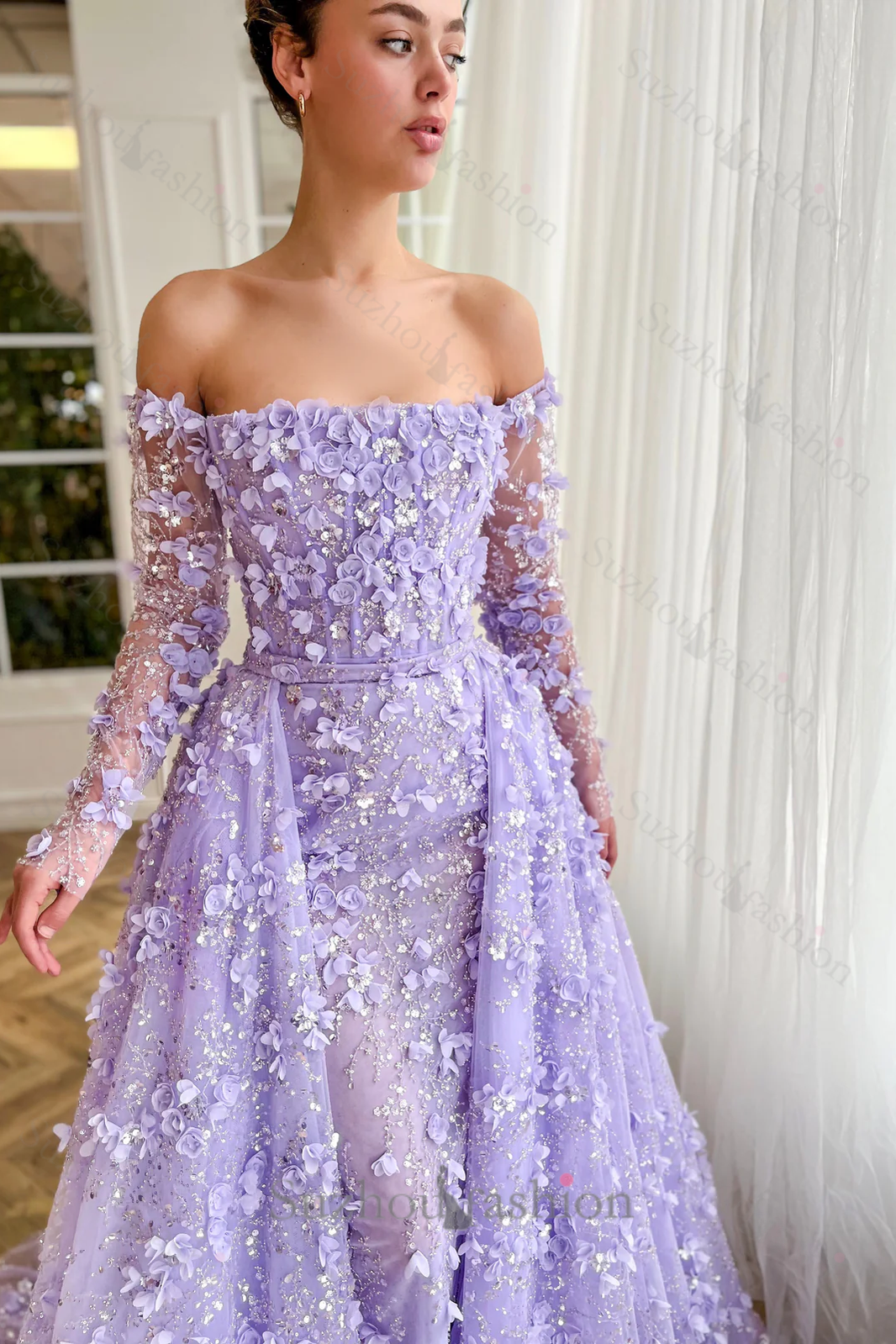 3D Flowers Pink Prom Dress Off The Shoulder Formal Dress With Panel Train