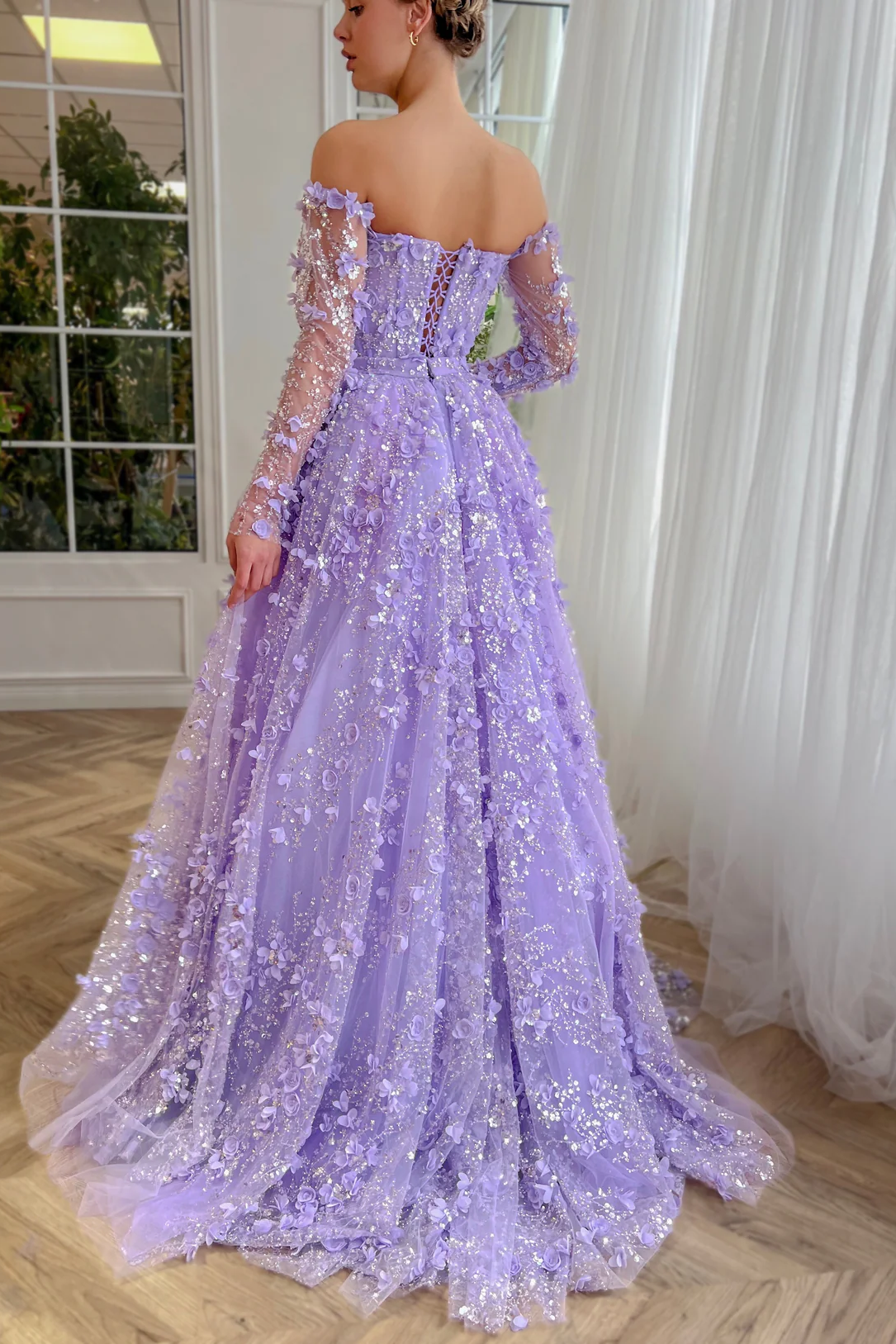 3D Flowers Pink Prom Dress Off The Shoulder Formal Dress With Panel Train