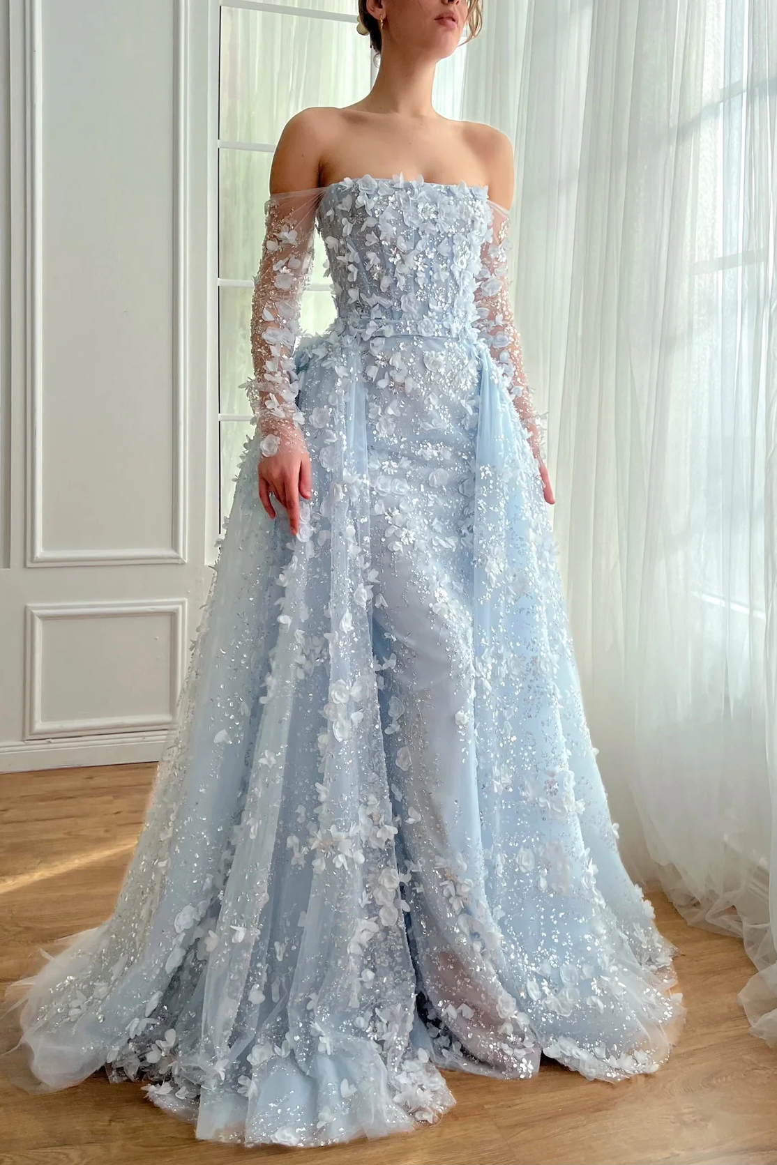 3D Flowers Pink Prom Dress Off The Shoulder Formal Dress With Panel Train