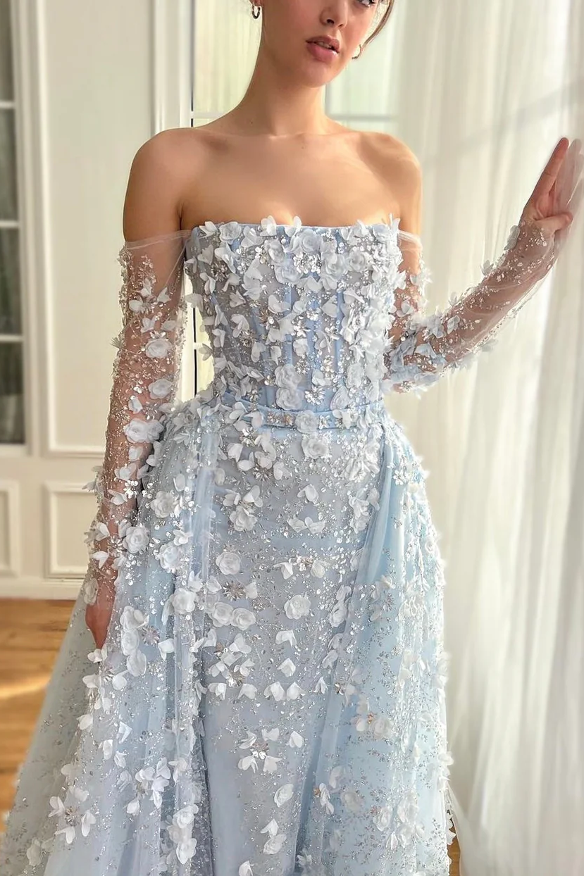 3D Flowers Pink Prom Dress Off The Shoulder Formal Dress With Panel Train