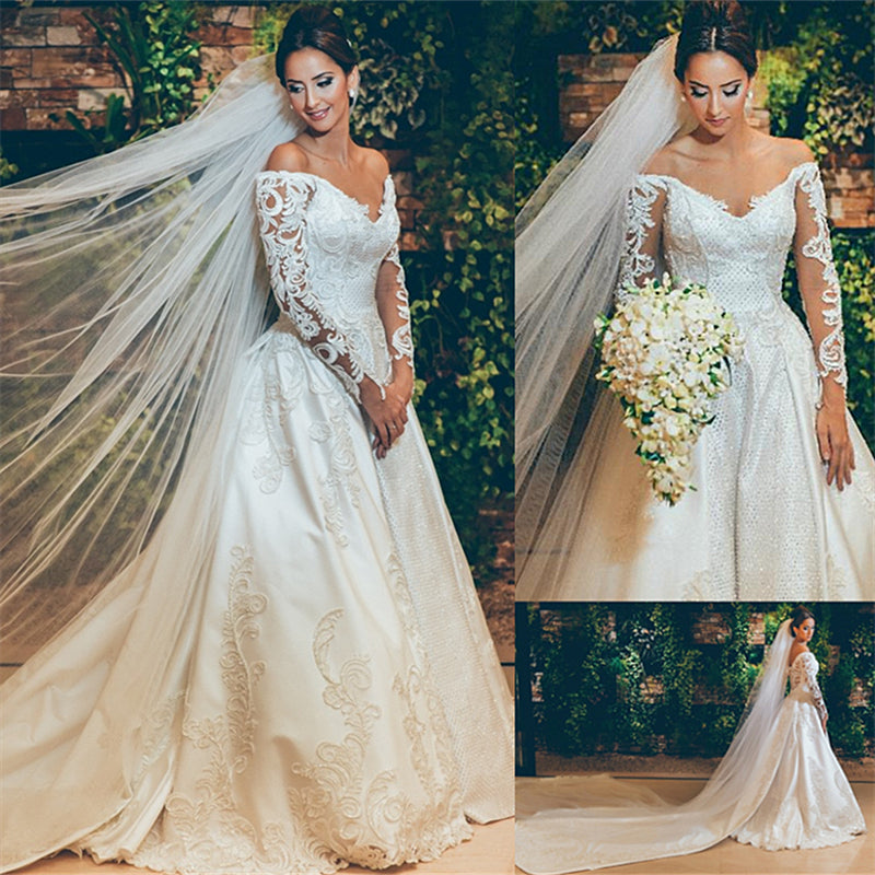 3D Lace Appliques Off The Shoulder Wedding Dresses | Long Sleeve Satin Elegant Bridal Gowns BC0238