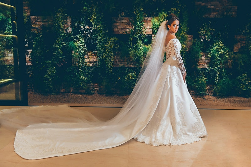 3D Lace Appliques Off The Shoulder Wedding Dresses | Long Sleeve Satin Elegant Bridal Gowns BC0238