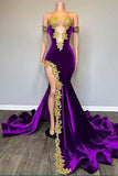 Suzhoufashion Off the shoulder V-neck Gold Appliques Mermaid Velvert Prom Party Dresses