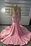 Suzhoufashion High neck Unique SIlver Beaded Pink Mermaid Prom Party Dresses