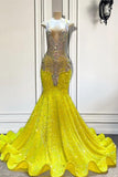 Suzhoufashion Yellow V-Neck Sleeveless Mermaid Prom Party Dresses Featuring Beadings and Sequins