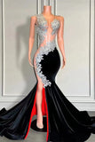 Suzhoufashion Sleeveless Long Black Velvet Mermaid Formal Dresses with Appliques and Beads