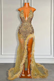 Suzhoufashion Gold Sleeveless Mermaid Formal Dresses with Sequins High Slit and Feather Beadings