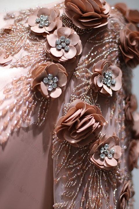 A Line Bateau Evening Formal Dress Long Sleeves Sweep With Flower Appliques