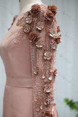 A Line Bateau Evening Formal Dress Long Sleeves Sweep With Flower Appliques