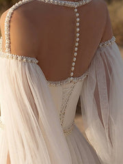 A-Line Beach Wedding Dress Jewel Lace Chiffon Over Satin Long Sleeves Bridal Gowns Country See-Through with Sweep Train