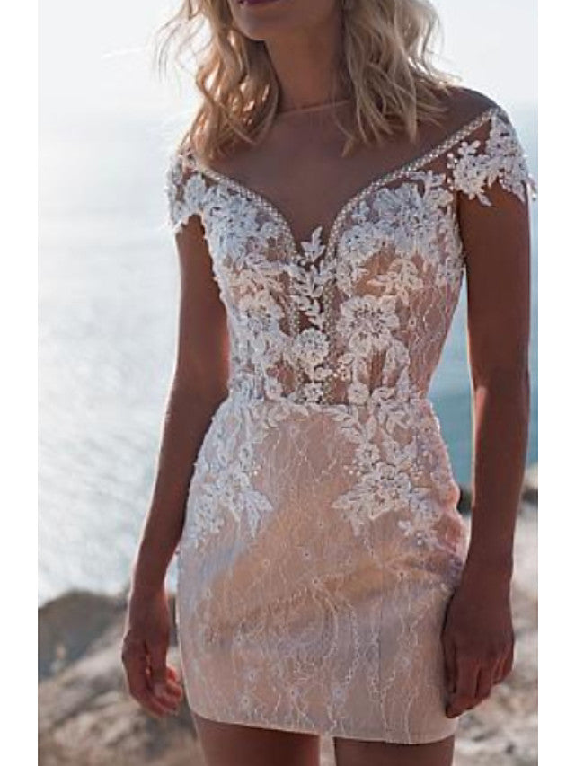 A-Line Beach Wedding Dress Jewel Lace Tulle Cap Sleeve Bridal Gowns Sweep Train