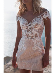 A-Line Beach Wedding Dress Jewel Lace Tulle Cap Sleeve Bridal Gowns Sweep Train