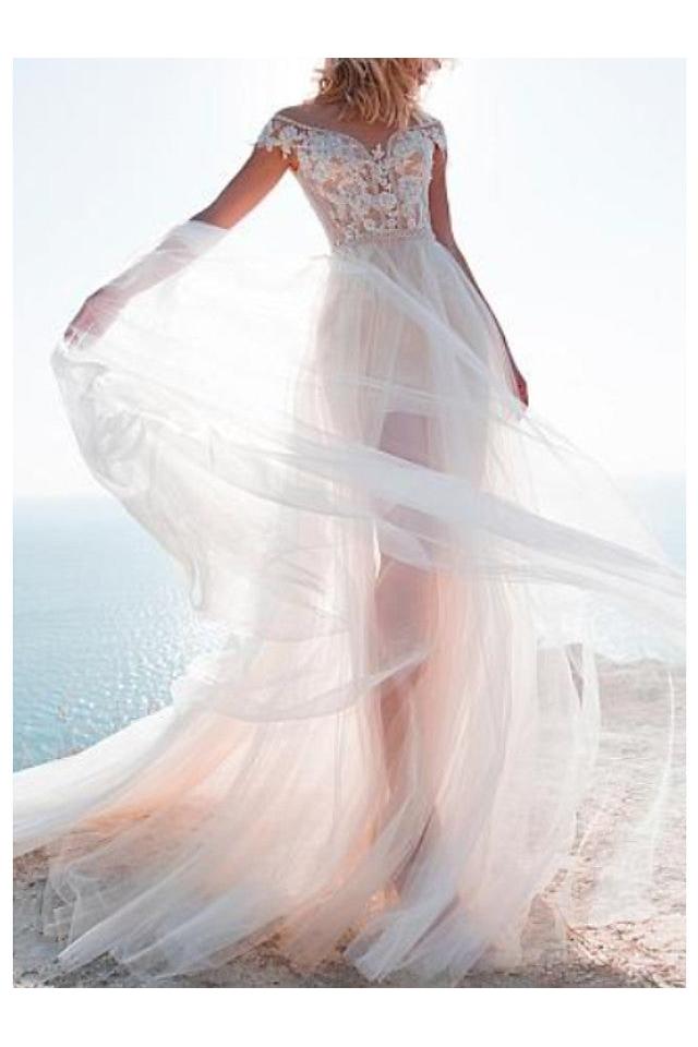 A-Line Beach Wedding Dress Jewel Lace Tulle Cap Sleeve Bridal Gowns Sweep Train