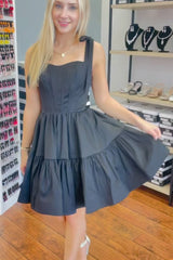 A-Line Black Homecoming Dresses Adjustable Straps Corset Short Cocktail Dresses with Ruffles