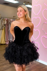 A-Line Black Homecoming Dresses Strapless Velvet Short Corset Prom Dress with Ruffles