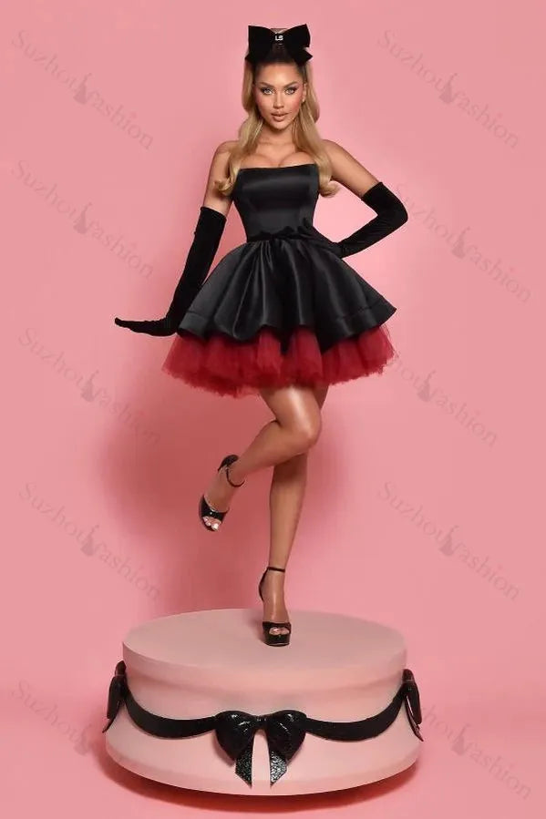 A Line Black Strapless Homecoming Dress Short Satin Cocktail Dresses