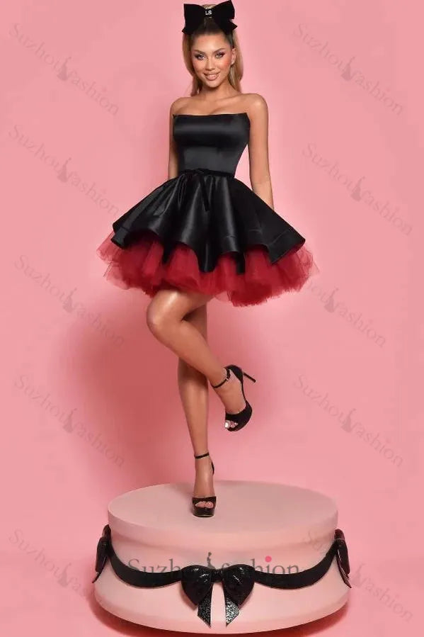 A Line Black Strapless Homecoming Dress Short Satin Cocktail Dresses