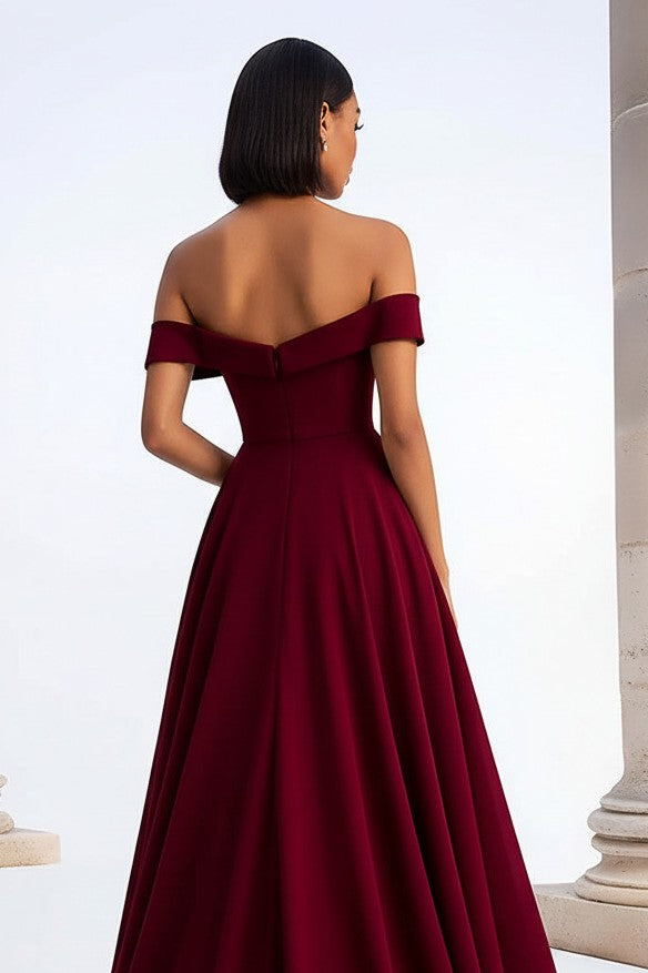 Suzhoufashion A Line Burgundy Wedding Guest Dress Ruched Tea-Length Formal Dress – suzhoufashion